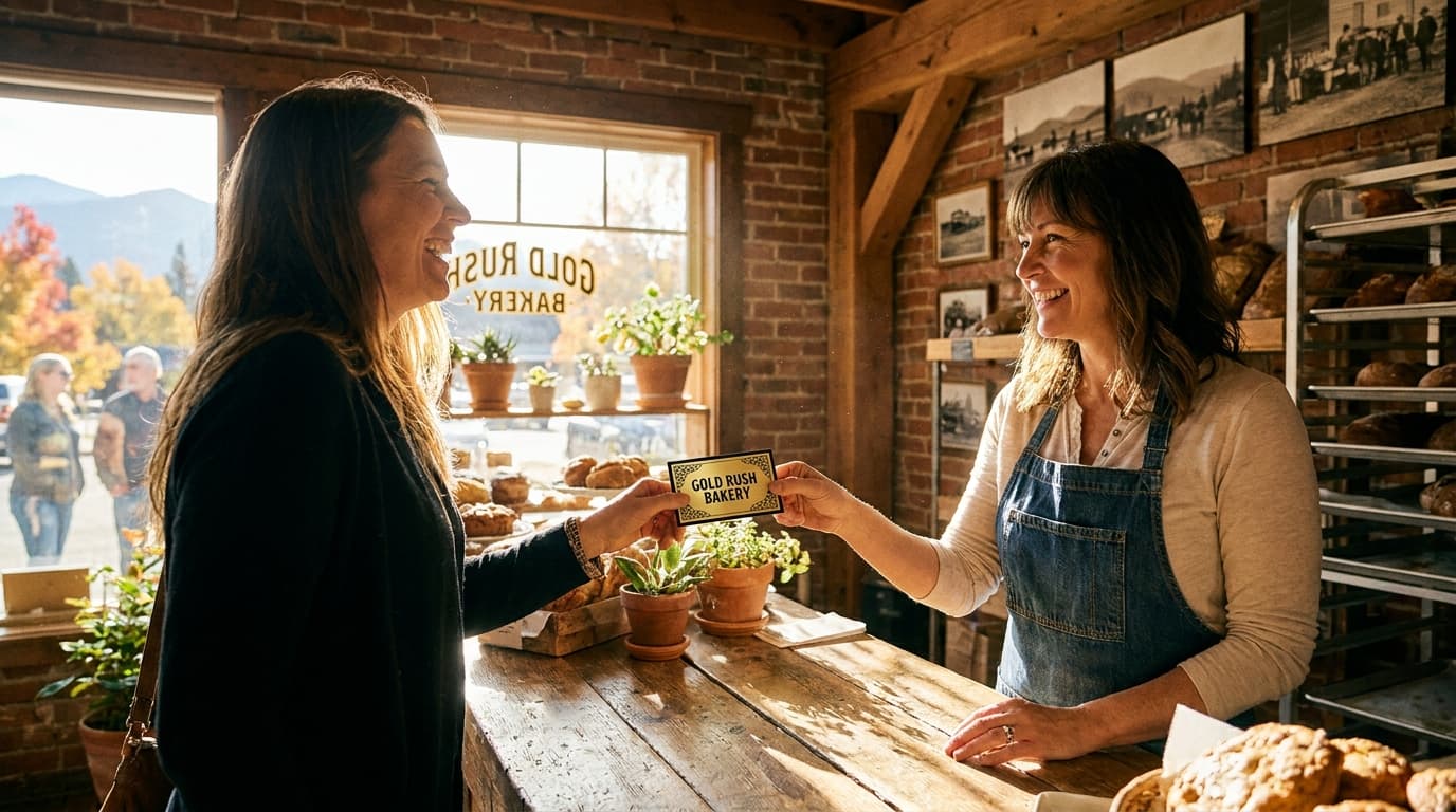 Local business owner handing Gold Nugget card to happy customer in Weaverville